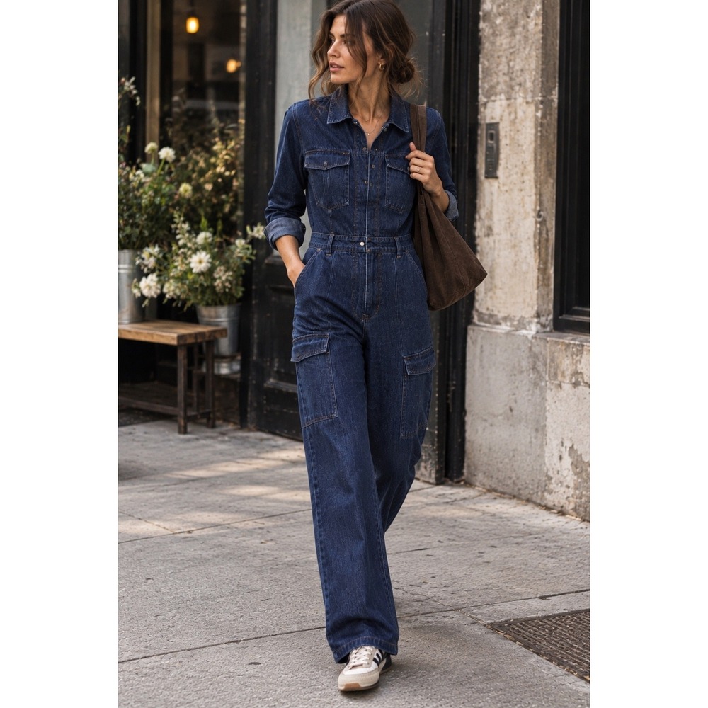 NWT Gap Denim Belted Utility Jumpsuit Dark Wash Wide Leg 00